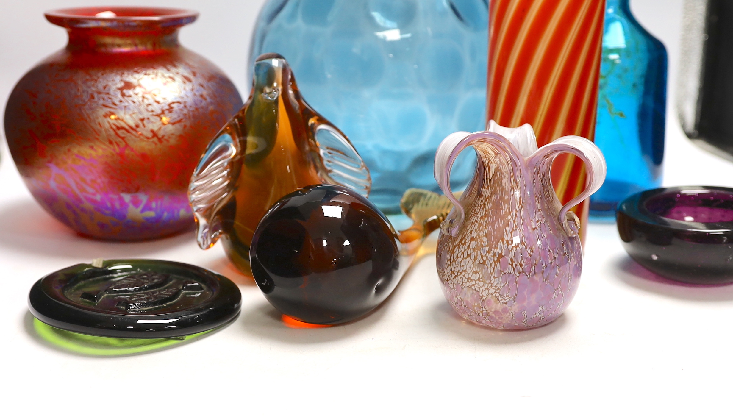 Nine pieces of art glassware including Royal Brierley vase and Wedgwood paperweight, largest 49cm high